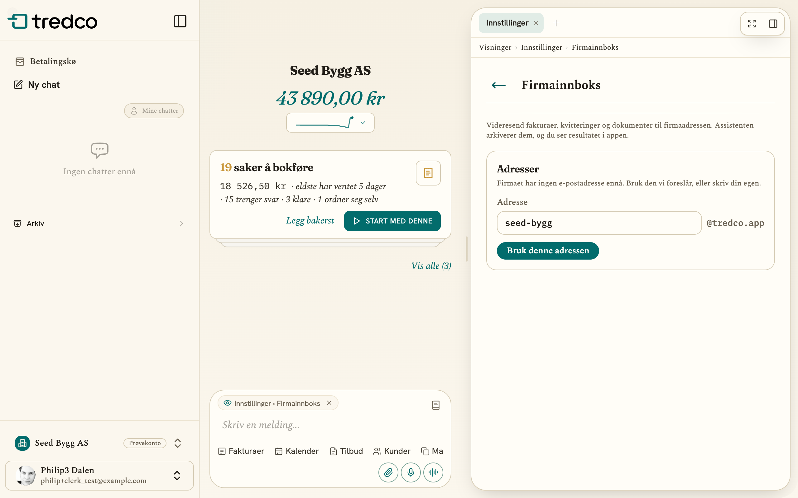 Firmainnboks-siden i innstillingene med Adresser-kortet og en foreslått e-postadresse på tredco.app