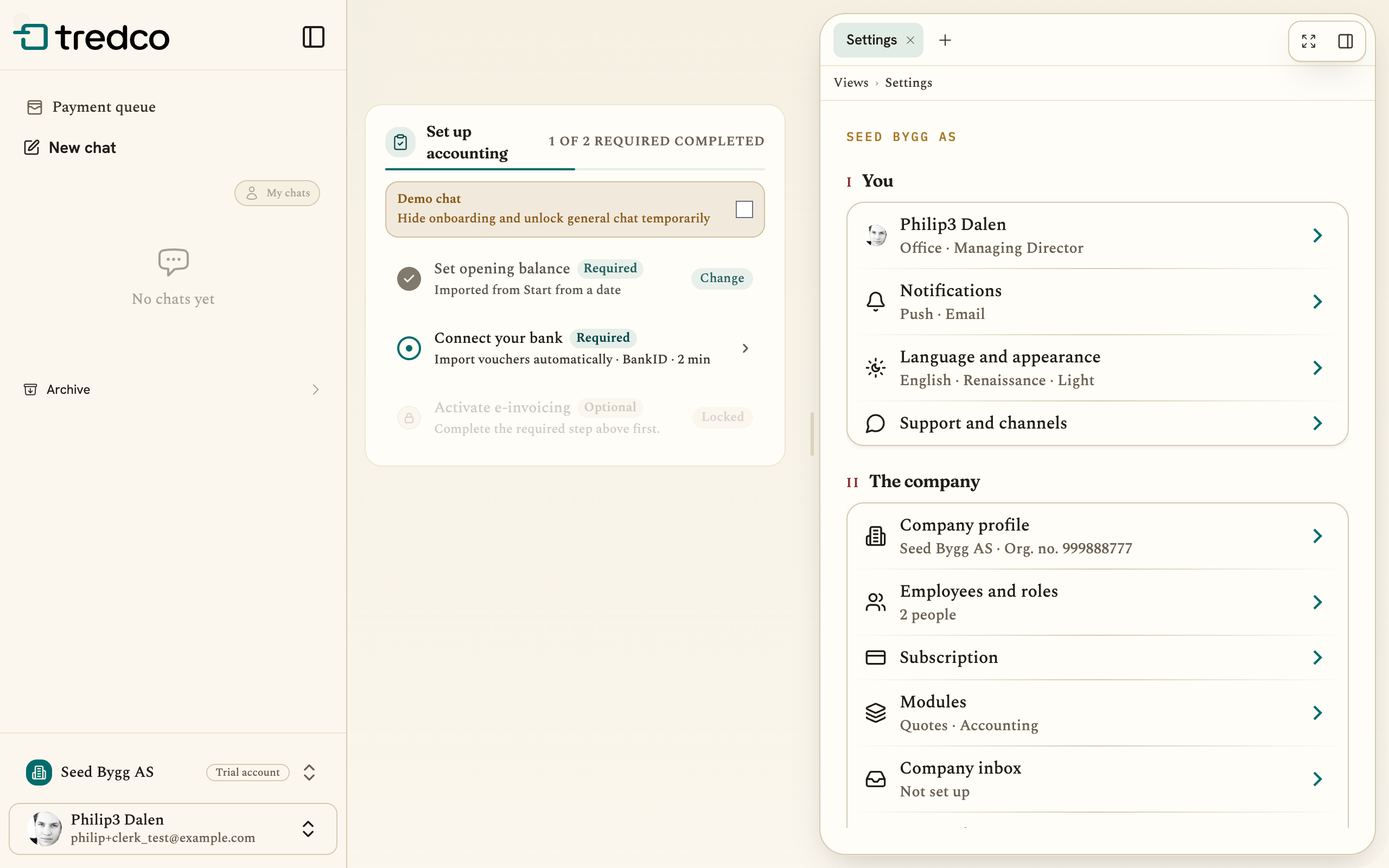 The Settings page in Tredco with the groups You, The company, Quotes and invoices and The app