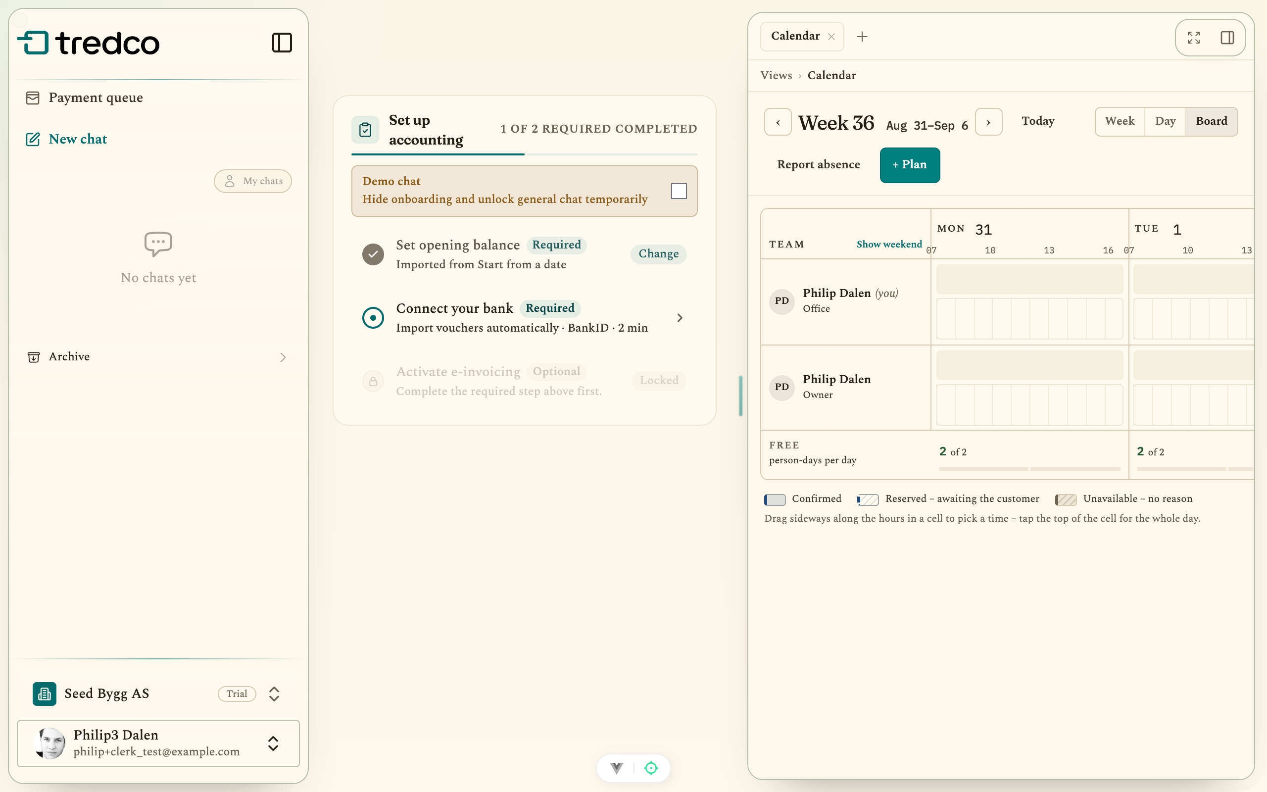 The Board view in Tredco with one row per person, days in columns and a row showing free person-days per day