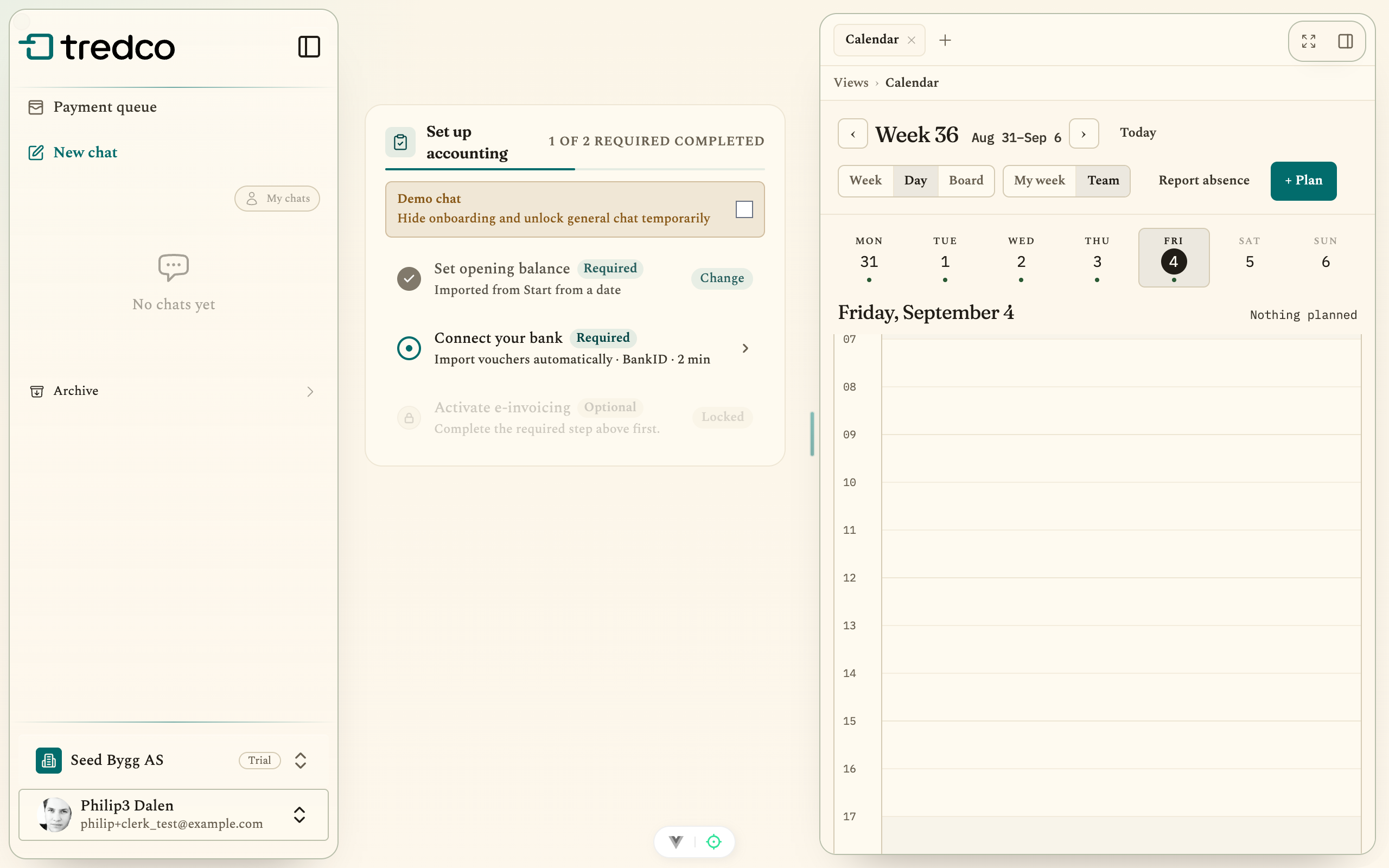 The week view in the Tredco calendar with an hourly grid from morning to evening and buttons for Week, Day and Board