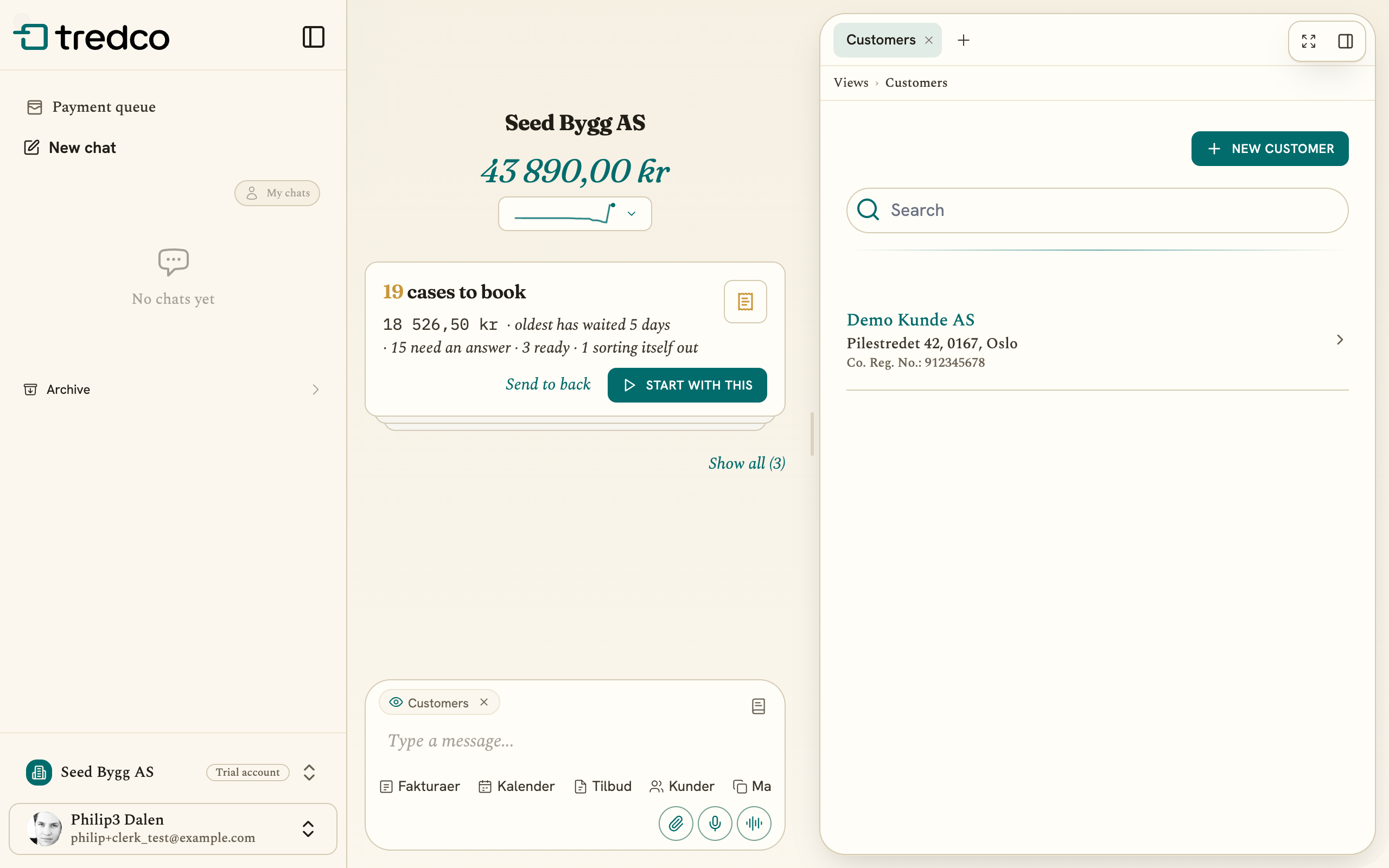The Tredco customer register with a search field and the New customer button above the list