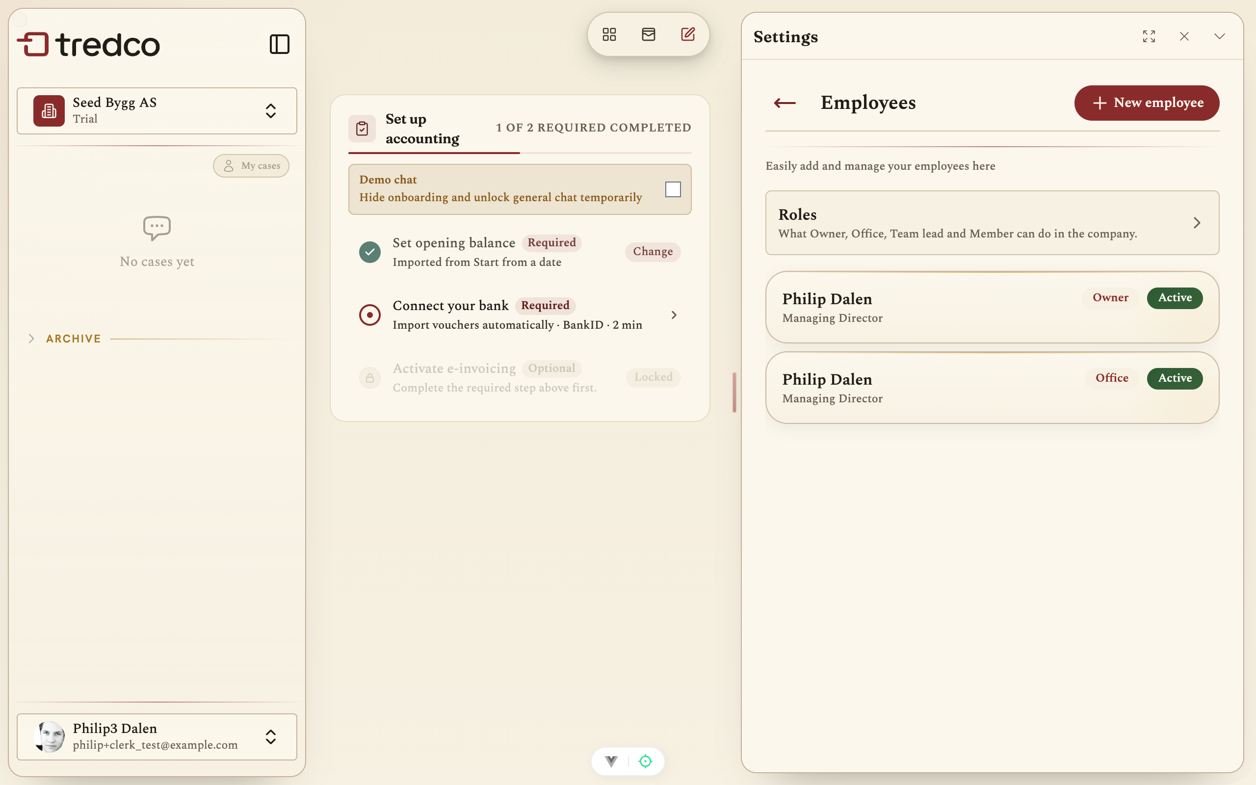 The Employees panel in Tredco with the Roles card and the crew listed with role and status