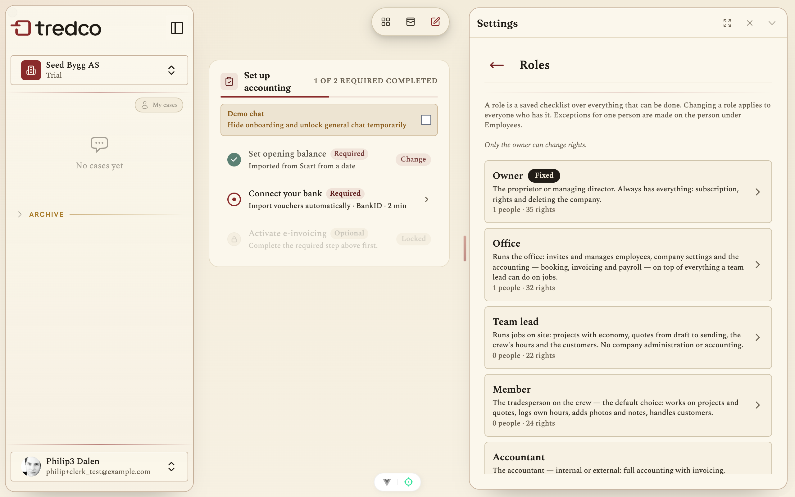 The Roles overview in Tredco with Owner, Office, Team lead, Member and Accountant