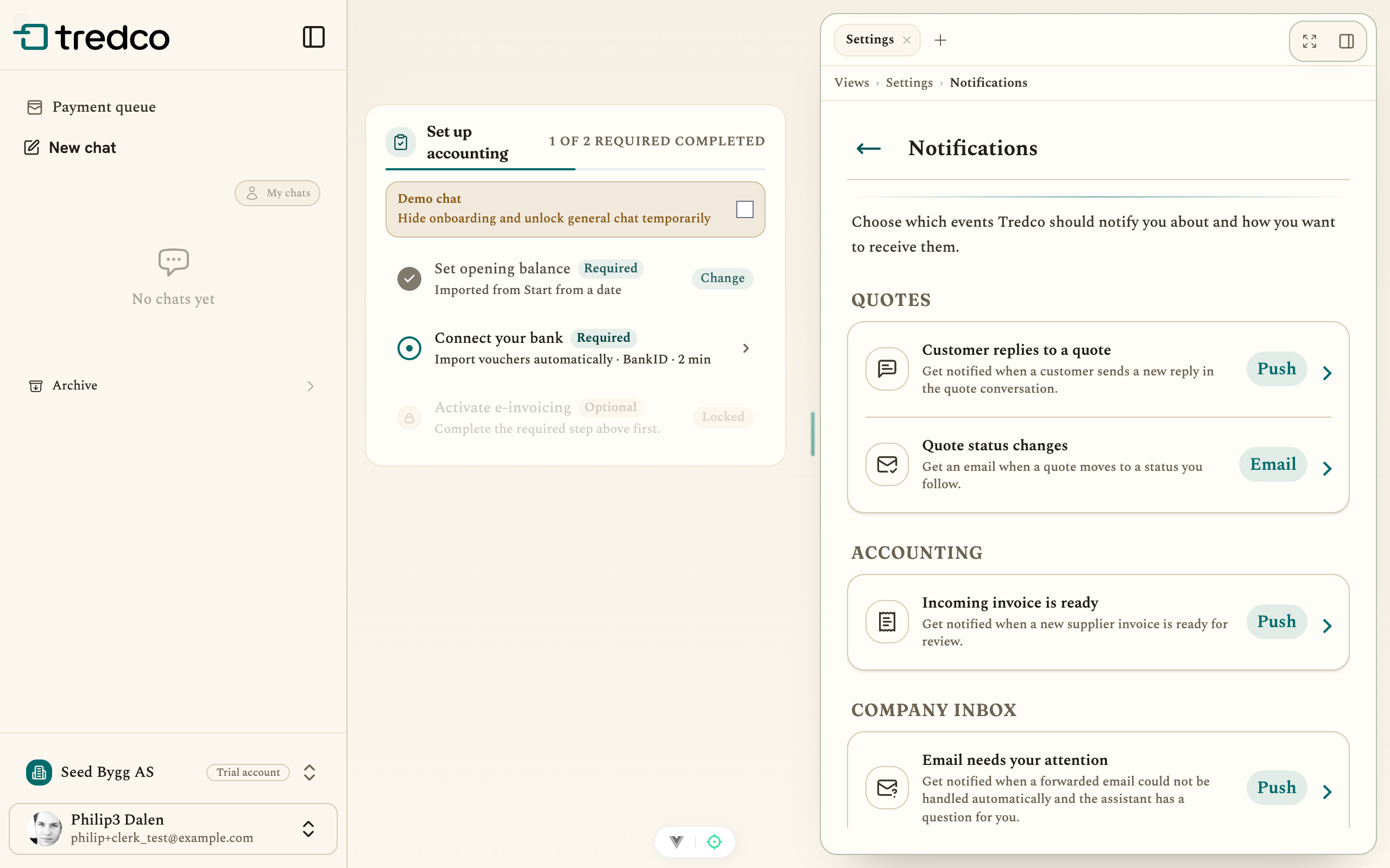 The notifications page with the Quotes, Accounting and Company inbox groups, each row showing a channel badge like Push or Email